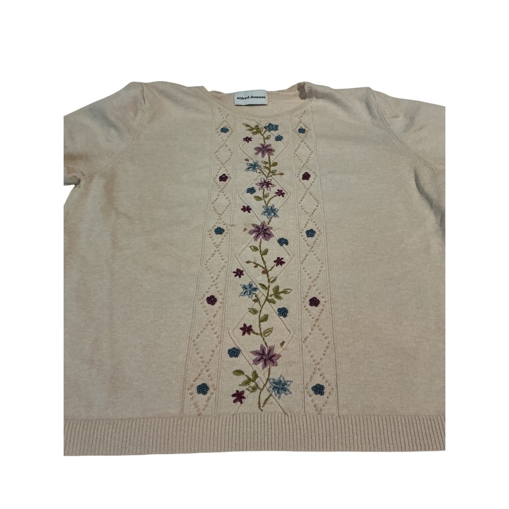 Alfred Dunner Floral Embroidered Sweater Womens Beige Short Sleeve
